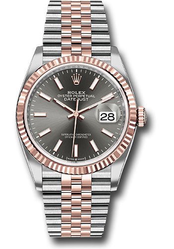 Rolex Datejust 36 Everose Gold Fluted Bezel Dark Rhodium Index Dial Jubilee (126231) - WatchesOff5th